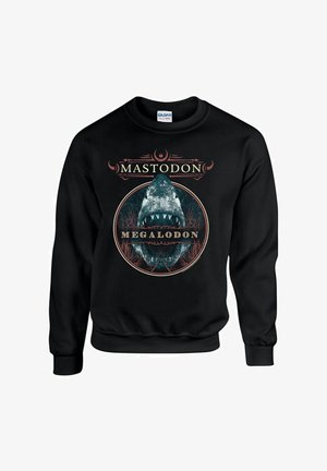 Mustaharsohva musta collegepaita, jossa on graafinen printti megalo-don-haiista. Yläpuolella on teksti "MASTODON" ja alapuolella "MEGALODON" pyöreässä muodossa.