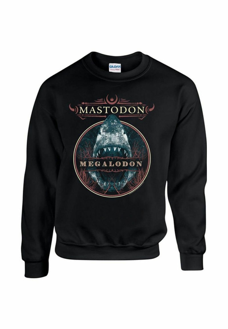 Czarny sweter z okrągłym dekoltem z graficznym nadrukiem rekinem megalodon z napisem "MASTODON" powyżej i "MEGALODON" poniżej w okrągłym wzorze.