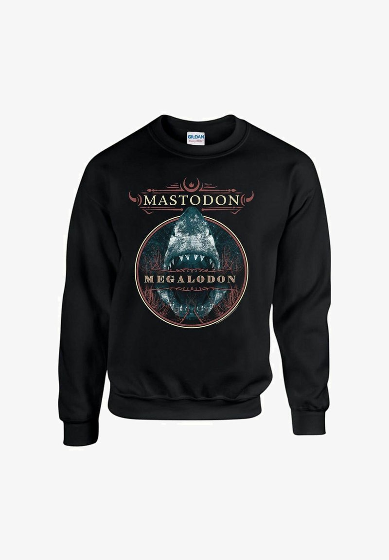 Svart crewneck genser med grafisk trykk av en megaldonhai med teksten "MASTODON" over og "MEGALODON" under i et sirkulært design.