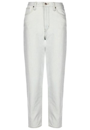 Lysegrå jeans med afslappet pasform, tynde lodrette hvide striber, fem-lomme design, knaplukning og bæltestropper.