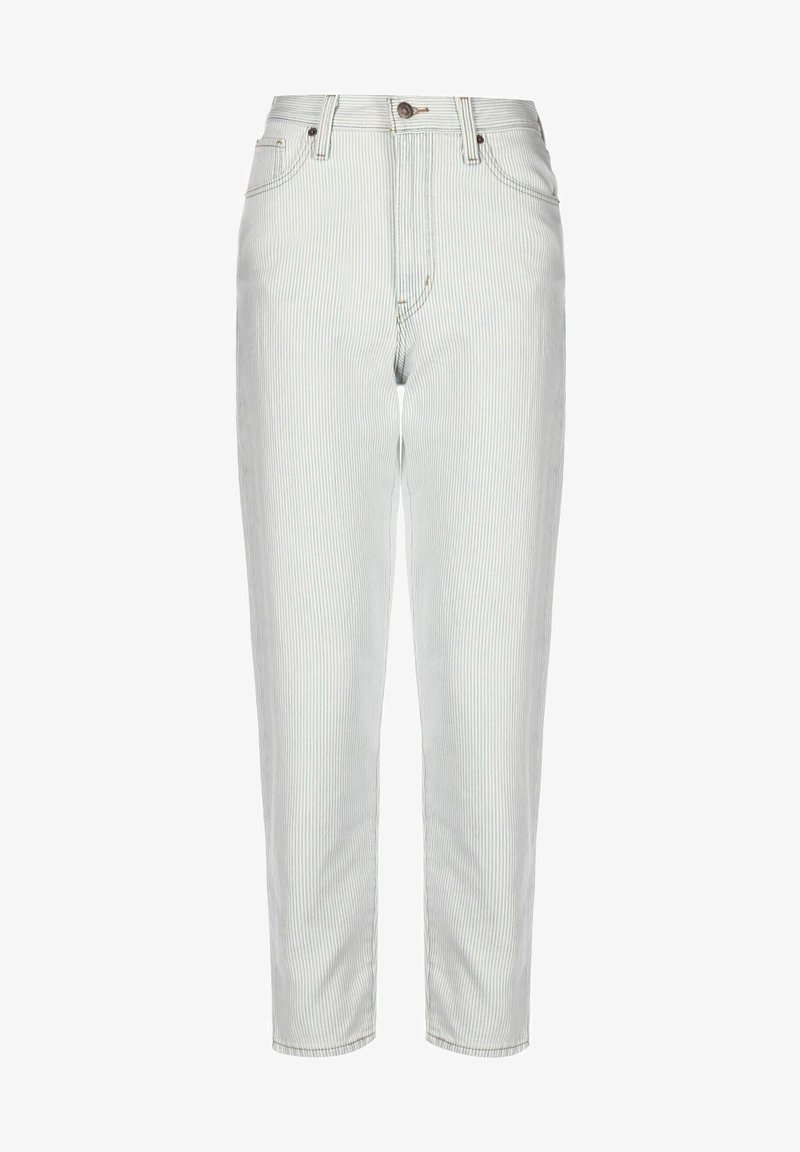 Jean gris clair coupe décontractée avec fines rayures blanches verticales, design cinq poches, fermeture à boutons et passants de ceinture.