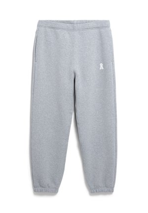 Pantalons de survêtement gris en matériau doux, avec une taille élastique, deux poches latérales et un petit logo blanc près de la poche gauche.