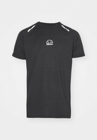 Dunkelgraues T-Shirt mit weißem Logo, Rundhalsausschnitt und kurzen Ärmeln. Hat weiße Akzente an den Schulternähten und eine lockere Passform.