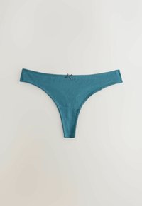 Tussiblå bomulds-tanga med en lille dekorativ sløjfe i midten af linningen på en hvid baggrund.