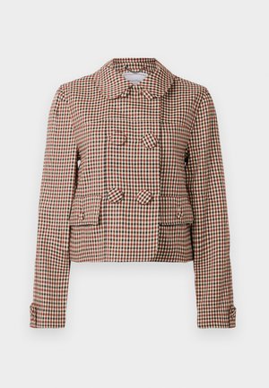 Κοντό σακάκι διπλής στήθους με καρό σχέδιο σε κόκκινο, μαύρο και μπεζ, δύο μπροστινές τσέπες με καπάκι και στρογγυλό γιακά.