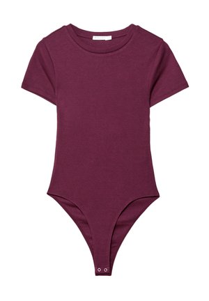 Burgundské body s krátkými rukávy, kulatým výstřihem a patentkami na spodní části. Vyrobeno z měkké, hladké tkaniny.