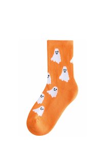 Orange socks with white ghost patterns, ribbed texture, and contrasting black eyes and mouths, designed for casual wear.