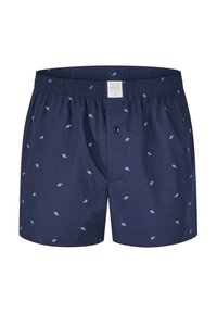 Boxer navy blu con piccoli motivi a diamante azzurri, vita elastica, chiusura con un singolo bottone e trama di tessuto liscia.