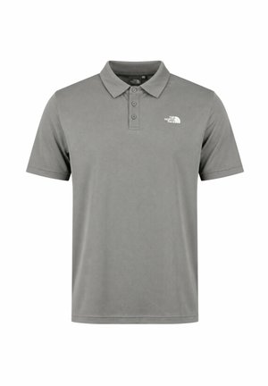Szara koszulka polo z krótkim rękawem, trzema guzikami i logo The North Face na lewej piersi.
