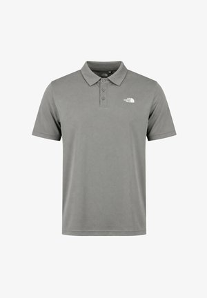 Szara koszulka polo z krótkim rękawem, trzema guzikami i logo The North Face na lewej piersi.