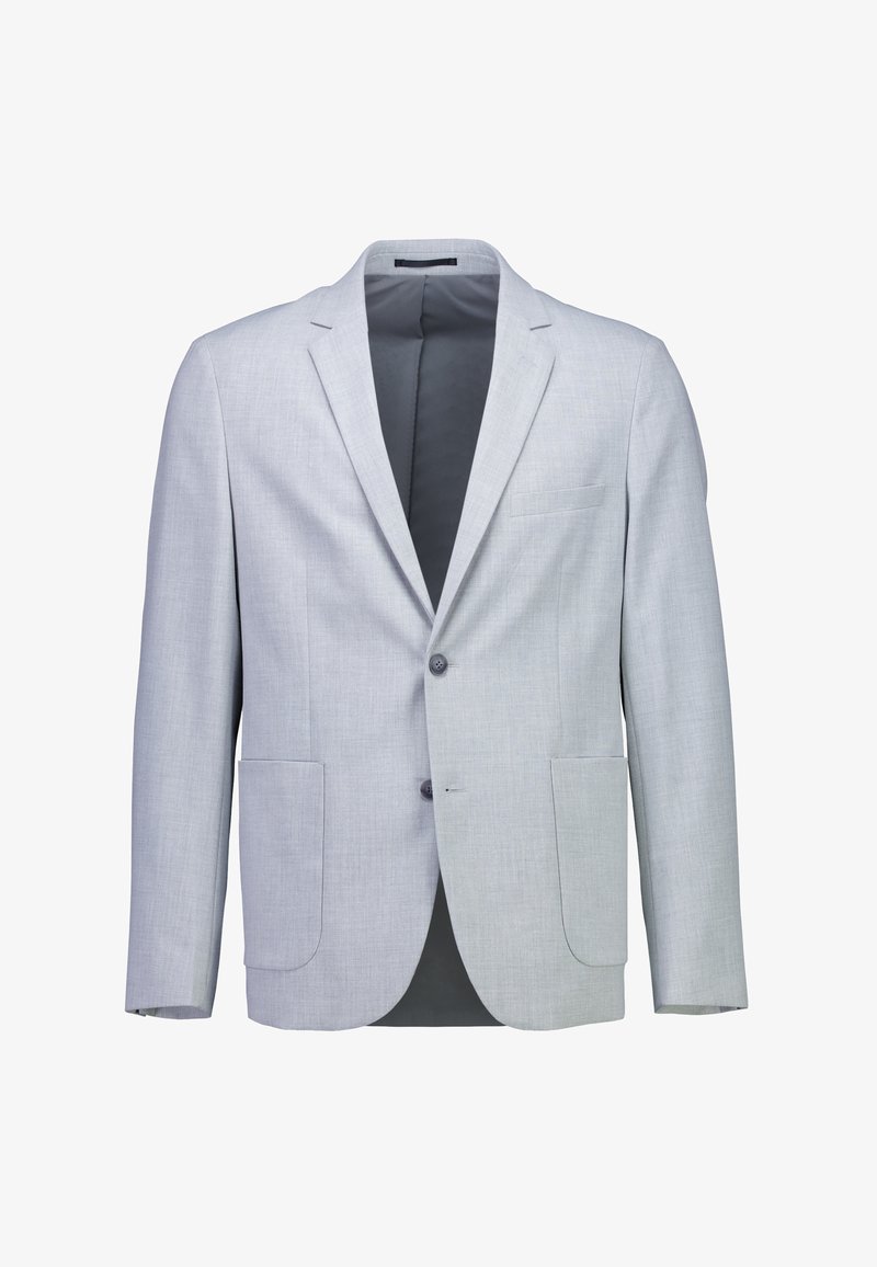 Lichtgrijs herenblazer met inkeping revers, twee knopen, twee lagere opgestikte zakken en één borstzak met bies, open voorkant met zichtbare voering.