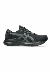 Zwarte atletische hardloopschoen met bovenwerk van mesh, vetersluiting en dikke, gevoerde zool, voorzien van een donkergrijze logo op de zijkant.