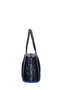 Sac texturé noir avec des accents bleus, doté d'une fermeture éclair, d'un logo à l'avant et de longues bretelles épaules.