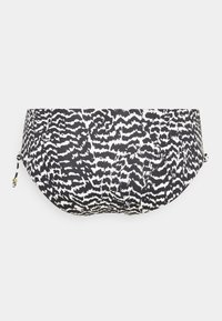 Schwarze und weiße gemusterte Bikini-Hose mit strukturiertem Design, runder Form und Kordelzügen an den Seiten.