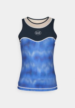 Blauwe tanktop met een golfontwerp in verschillende tinten, met een donkerblauwe boord en een lichtgekleurde halslijn. Logo op het midden van de voorkant.