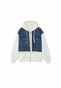 Denim and fleece hoodie with a zip front. Features a denim yoke, two front pockets, and elastic cuffs. Color: blue and white.