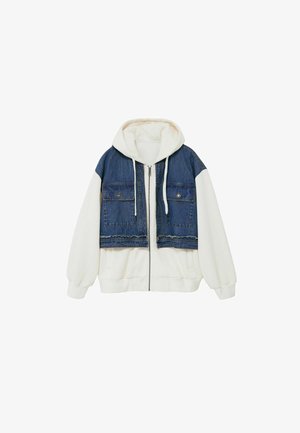 Denim- und Fleece-Hoodie mit Reißverschluss. Verfügt über eine Denim-Yoke, zwei vordere Taschen und elastische Bündchen. Farbe: Blau und Weiß.