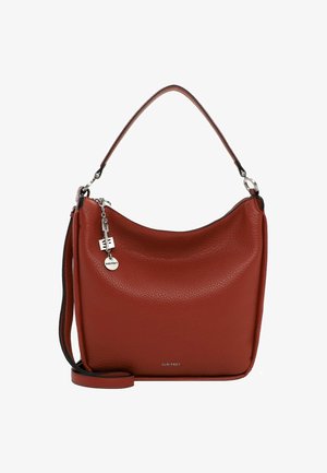 Sac à épaule en cuir marron texturé avec une poignée supérieure, une bandoulière détachable et un petit porte-clés argenté avec logo sur le côté.
