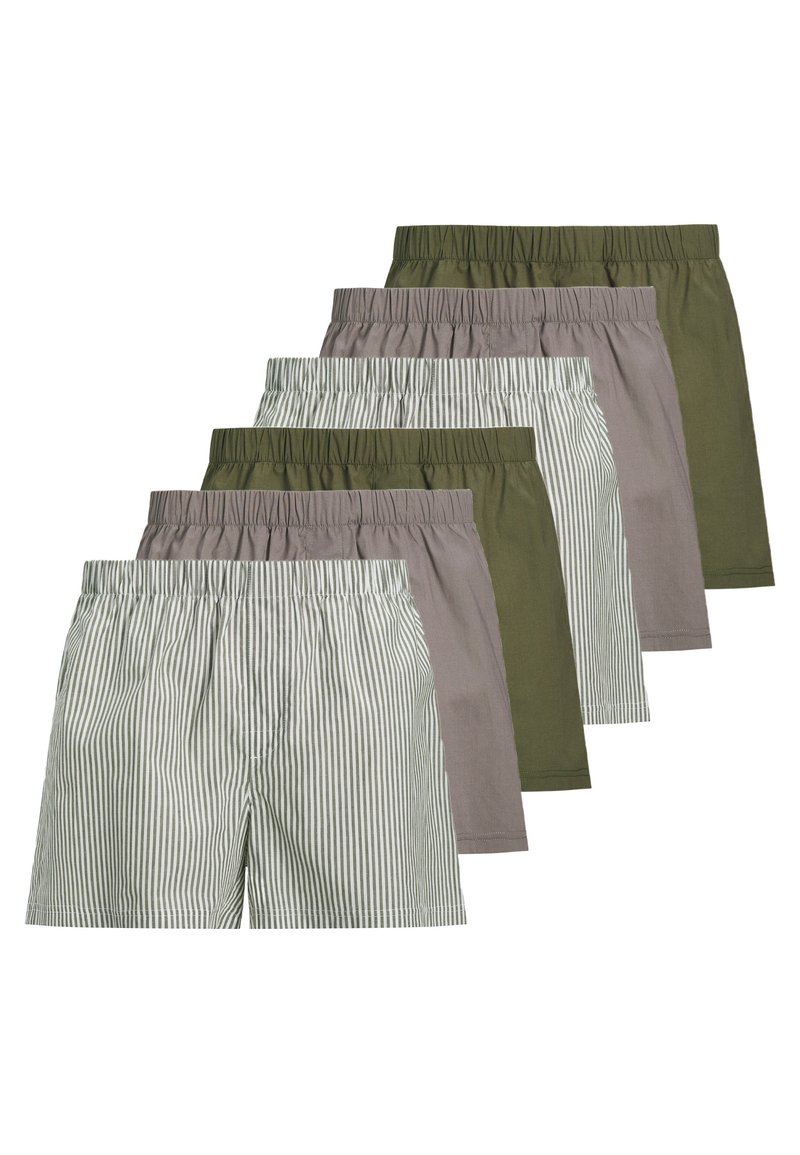 Set di sei pantaloni corti caratterizzati da due colori solidi (verde e marrone chiaro) e un motivo a righe. Tutti sono dotati di una cintura elastica per il massimo comfort.