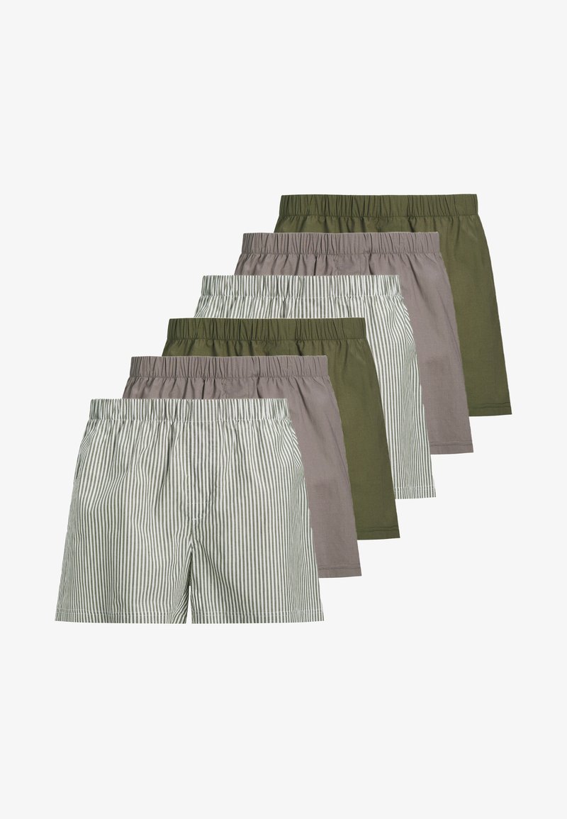 Set di sei pantaloni corti caratterizzati da due colori solidi (verde e marrone chiaro) e un motivo a righe. Tutti sono dotati di una cintura elastica per il massimo comfort.