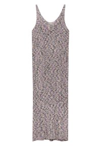 Vestido de tirantes de punto en púrpura claro, gris y crema, con un diseño sin costuras y una silueta ajustada. Tejido texturizado con un suave caído.