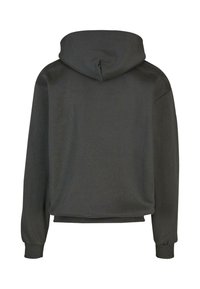 Hanorac gri închis cu glugă ajustabilă, manșete și tiv cu aspect canelat. Material moale cu o croială lejeră și fără logo-uri sau modele vizibile.