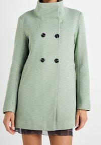 Abrigo verde de corte doble, con cuello alto, fabricado en tejido texturizado, con botones negros y bolsillos laterales.