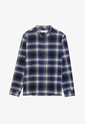 Camicia a quadri blu e nera con maniche lunghe, dotata di colletto classico e quadrati di colore chiaro in contrasto. Chiusura con bottoni sul davanti.