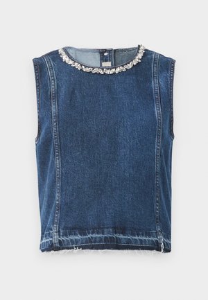 Denim ermeløs topp i mørkeblå, med en perlebesatt halsringning og frynset kant. Stoffet har en teksturert overflate som forsterker holdbarheten.