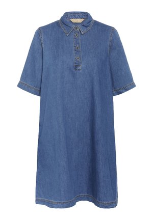 Denim jurk met een kraaghals, korte mouwen en knoopsluiting. Heeft een comfortabele pasvorm en zichtbare stiksels.