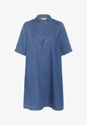 Denim jurk met een kraaghals, korte mouwen en knoopsluiting. Heeft een comfortabele pasvorm en zichtbare stiksels.