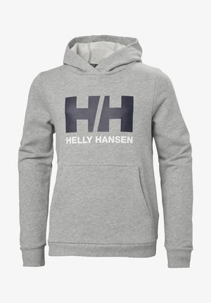 Sudadera gris hecha de material de felpa suave, con un bolsillo delantero, puños y dobladillo acanalados, y un gran logotipo "HH" en azul marino oscuro con texto debajo.