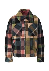 Kurtka w kratę wykonana z teksturowanej tkaniny, z zapięciem na zamek, dwiema kieszeniami na piersi i kołnierzykiem. Kolory to czarny, zielony, różowy i beżowy.