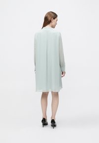 Hellgrünes Kleid in Minzfarbe, knielang, aus transparentem Stoff gefertigt. Mit langen Ärmeln, knöpfbaren Manschetten und einem plissierten Rückendetail. Schwarze High Heels werden getragen.