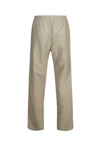 Vaalean beige joustavyötäröiset housut, joissa on kaksi takataskua, valmistettu pehmeästä materiaalista, jossa on leveä malli ja suorat lahkeet.