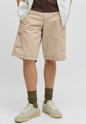 Man wearing beige cargo shorts, brown socks, light beige sneakers, brown t-shirt, and white open shirt, standing with hands in pockets.