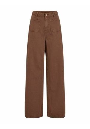 Pantaloni larghi marroni con vita alta, dotati di due tasche anteriori e chiusura con bottone. Realizzati in resistente tessuto di cotone.
