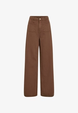 Brązowe szerokie spodnie z wysokim stanem, z dwiema przednimi kieszeniami i zapięciem na guzik. Wykonane z trwałej bawełnianej tkaniny.