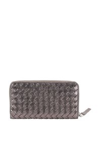 Woven metallic purple leather wallet with a zip closure, featuring a rectangular shape and textured surface. Silver-tone hardware accents.