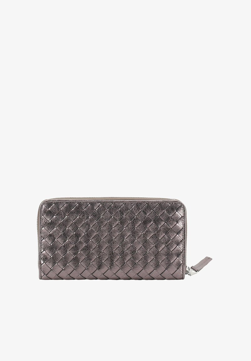 Woven metallic purple leather wallet with a zip closure, featuring a rectangular shape and textured surface. Silver-tone hardware accents.