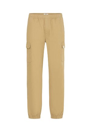 Pantaloni cargo khaki con vita elastica, due tasche laterali e polsini affusolati. Realizzati in un tessuto liscio e leggero.