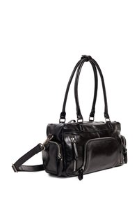 Black leather handbag with dual top handles, adjustable shoulder strap, multiple zippered pockets, and a smooth glossy texture.