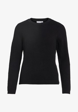 Pull en tricot noir avec un motif texturé, col rond, et poignets et ourlet côtelés. Manches longues et design ajusté.