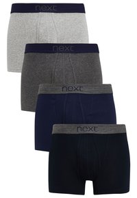 Quatre paires de boxers en gris, gris foncé, bleu marine et bleu marine foncé, dotés d'une ceinture douce avec le logo "next". Matériau en coton, design basique.