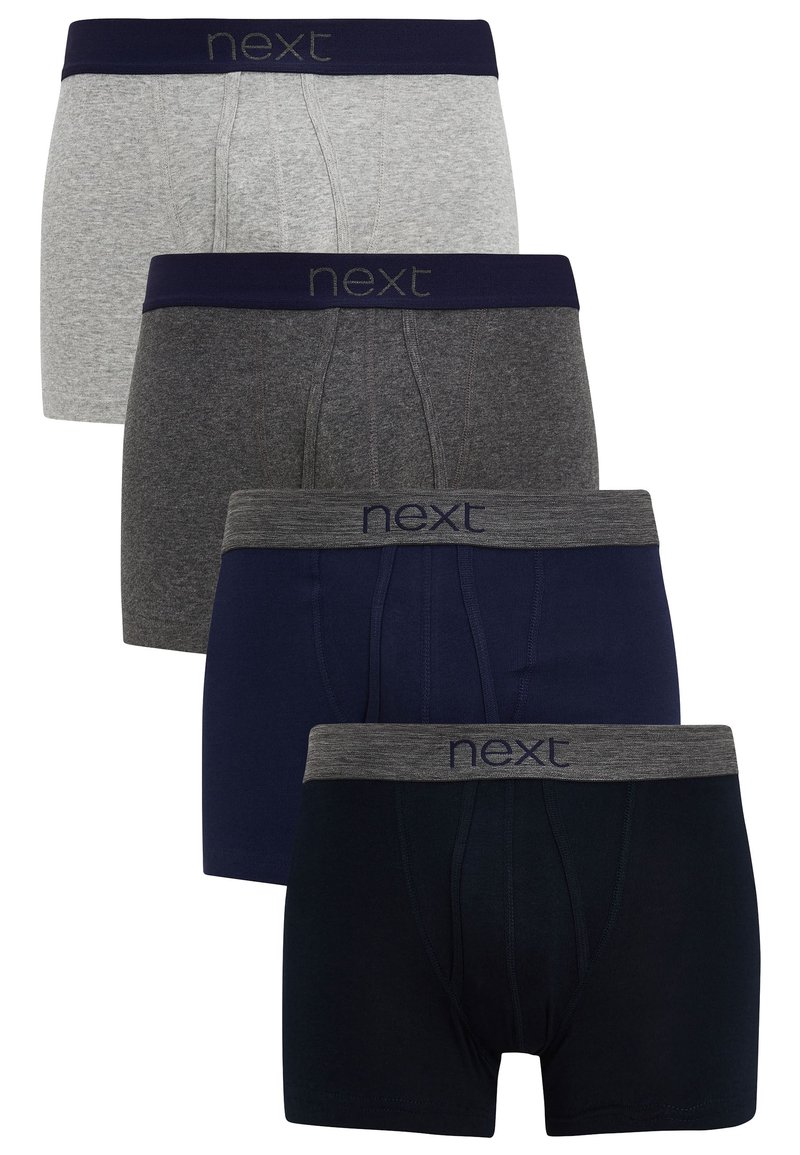 Quatre paires de boxers en gris, gris foncé, bleu marine et bleu marine foncé, dotés d'une ceinture douce avec le logo "next". Matériau en coton, design basique.