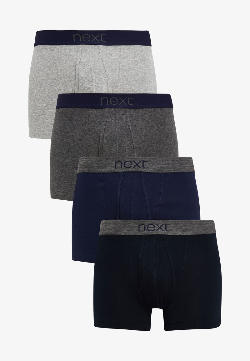 Négy pár boxer alsó, szürke, sötét szürke, tengerészkék és sötét tengerészkék színekben, puha derékgumival, amelyen a "next" logó szerepel. Pamut anyag, egyszerű dizájn.