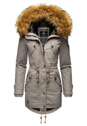 Beige parka jacket with a fur-trimmed hood, drawstring waist, multiple pockets, and contrasting brown hardware. Textured fabric finish.
