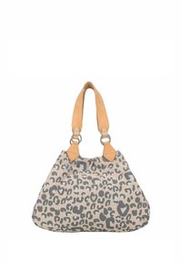 Sac à main imprimé léopard en beige avec des accents gris. Comprend des poignées en cuir avec des anneaux en métal et une forme douce et structurée.