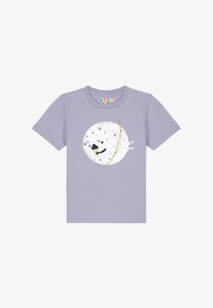 T-shirt en coton violet clair avec un motif circulaire représentant une planète souriante entourée d'étoiles et d'un anneau doré, tenant une glace.