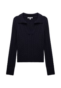 Granatowy sweter z dzianiny w warkocze, z długimi rękawami, kołnierzem w kształcie litery V oraz prążkowanymi mankietami i dolną częścią.